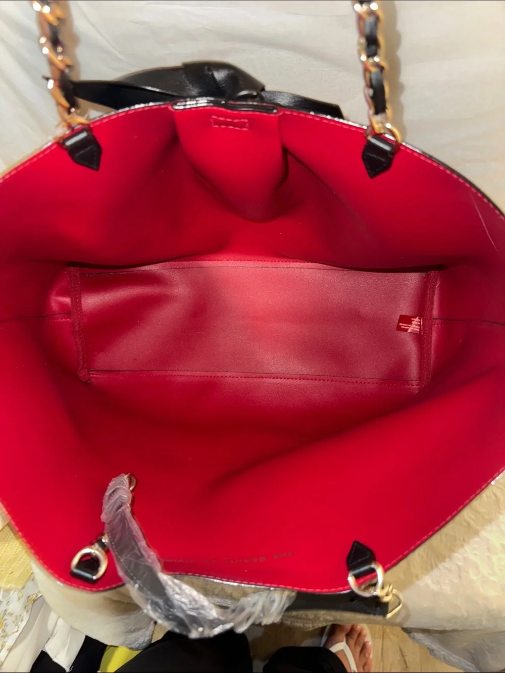 Victoria's Secret Black Tote with Red Interior and Gold Chain Handles
